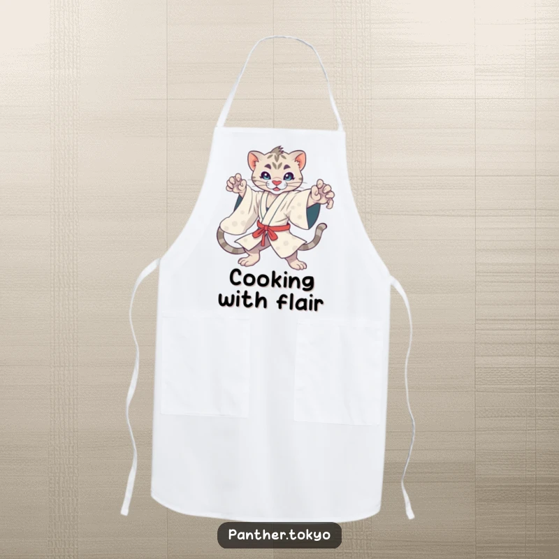 Funny kawaii panther in a kimono in a dynamic pose, ready to cook, adding humor to kitchen activities on an apron.