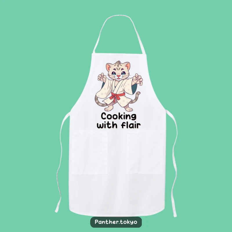 Funny Kawaii Panther Kimono Apron: Dynamic Cooking Pose, Kitchen Fun Gift
