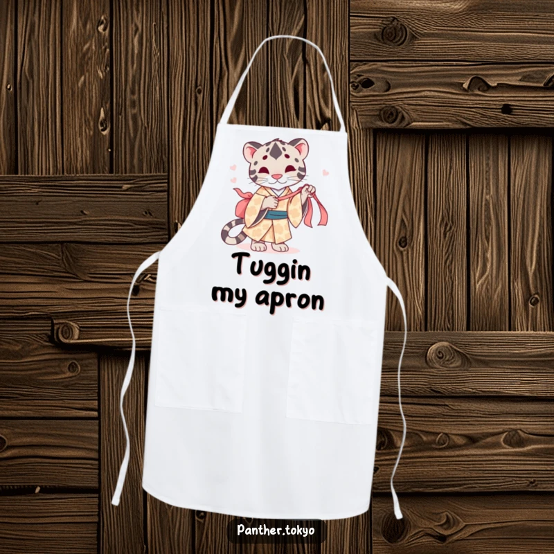 Funny apron with a cute panther in a patterned kimono, playfully tugging a silk ribbon while cooking.