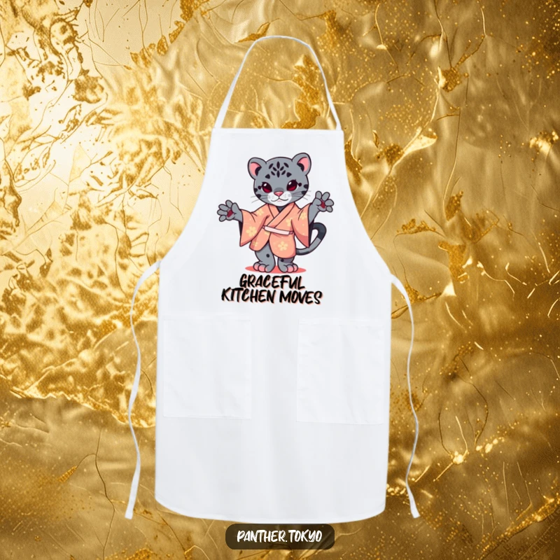 Funny apron with a kawaii panther in a kimono, demonstrating elegant balance while cooking.