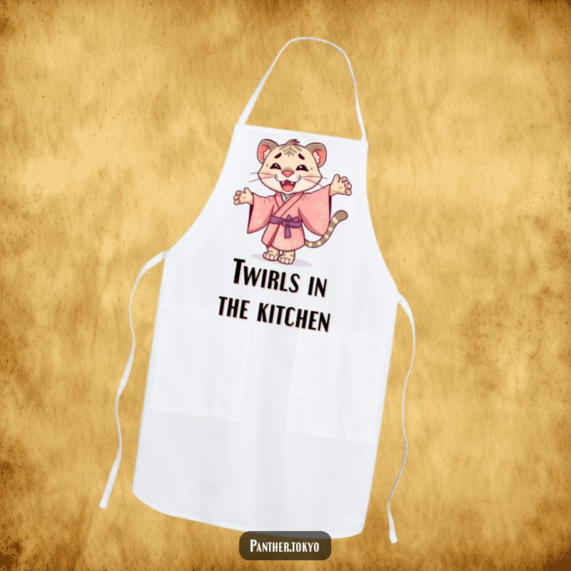 Funny apron with a smiley panther in an ornate kimono, joyfully twirling while cooking.