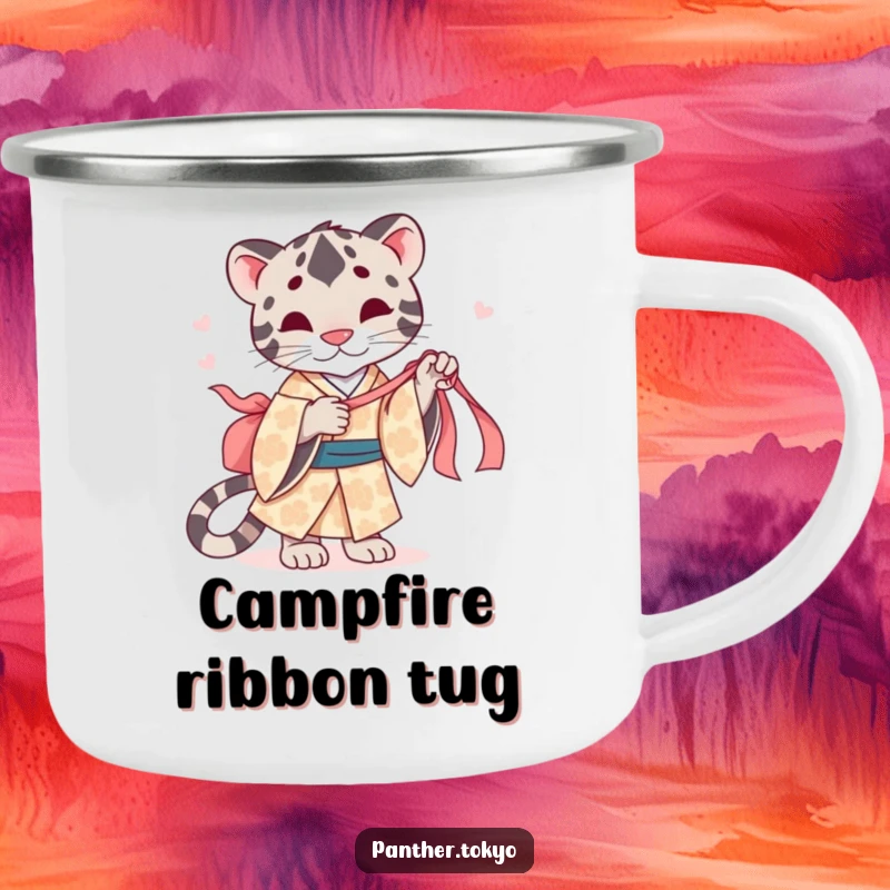 Funny camping mug with a cute panther in a patterned kimono, playfully tugging a silk ribbon.