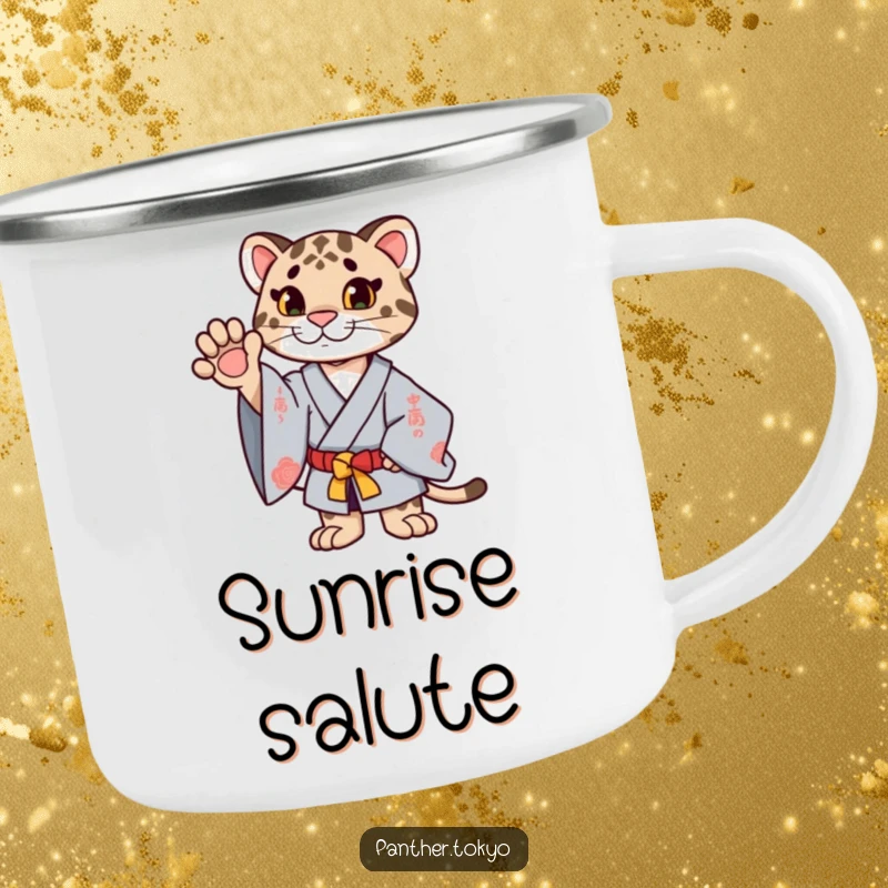 Funny proud panther in a ceremonial kimono extending a paw upwards, ready for outdoor adventures on a sturdy camping mug.