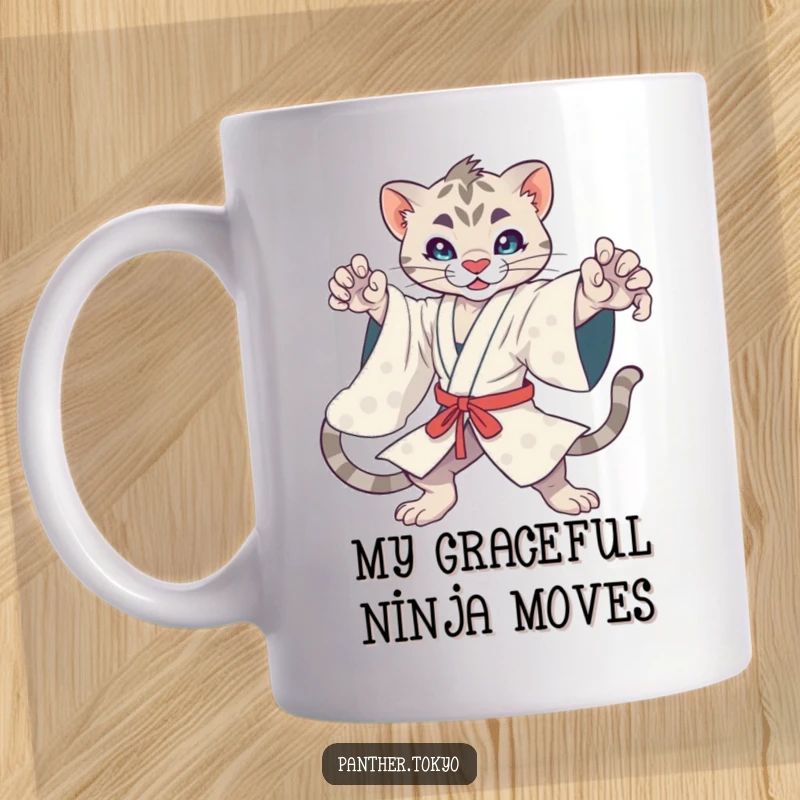 Funny kawaii panther in a flowing kimono in a dynamic action pose, ready for adventure, on a cute mug.