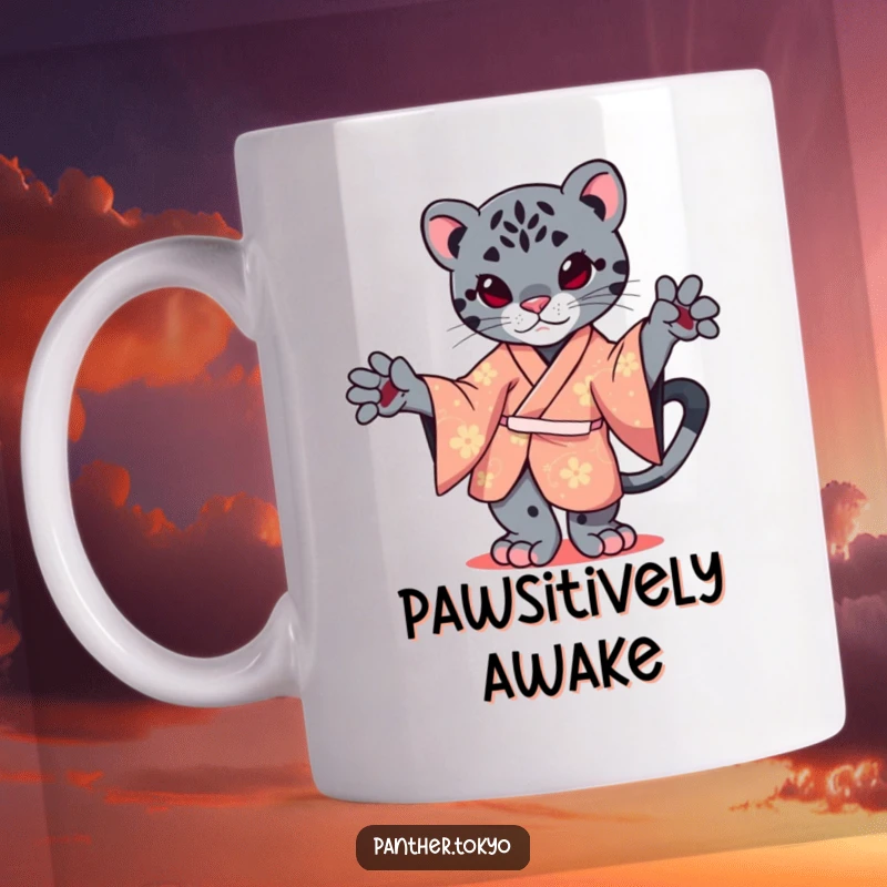 Funny mug featuring a kawaii panther in a vibrant kimono, gracefully balancing on one paw with poise.