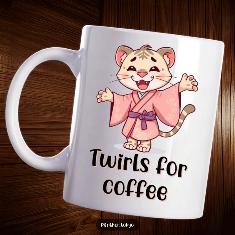 Funny mug featuring a smiley panther in an ornate kimono, joyfully twirling with a happy expression.