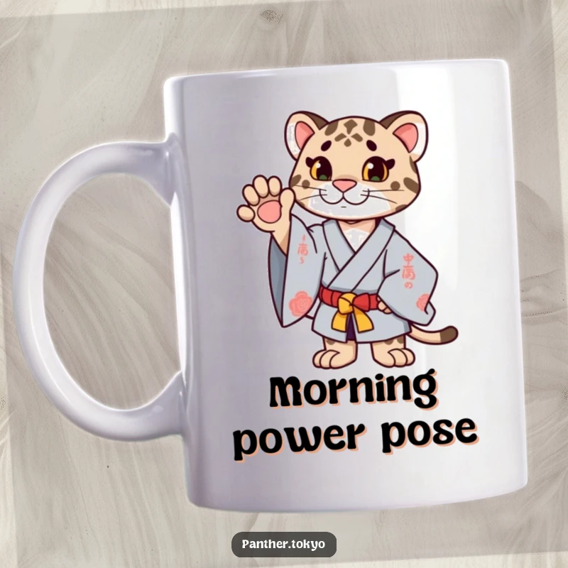 Funny proud panther in a ceremonial kimono extending a paw upwards with dignity, on a sophisticated mug.