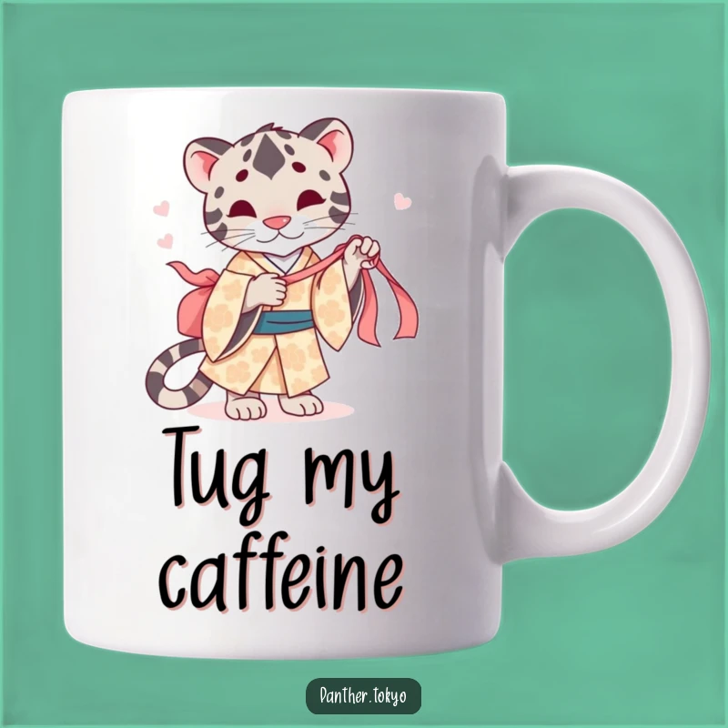 Funny Panther Kimono Ribbon Mug - Playful Tug Cartoon Cat Gift