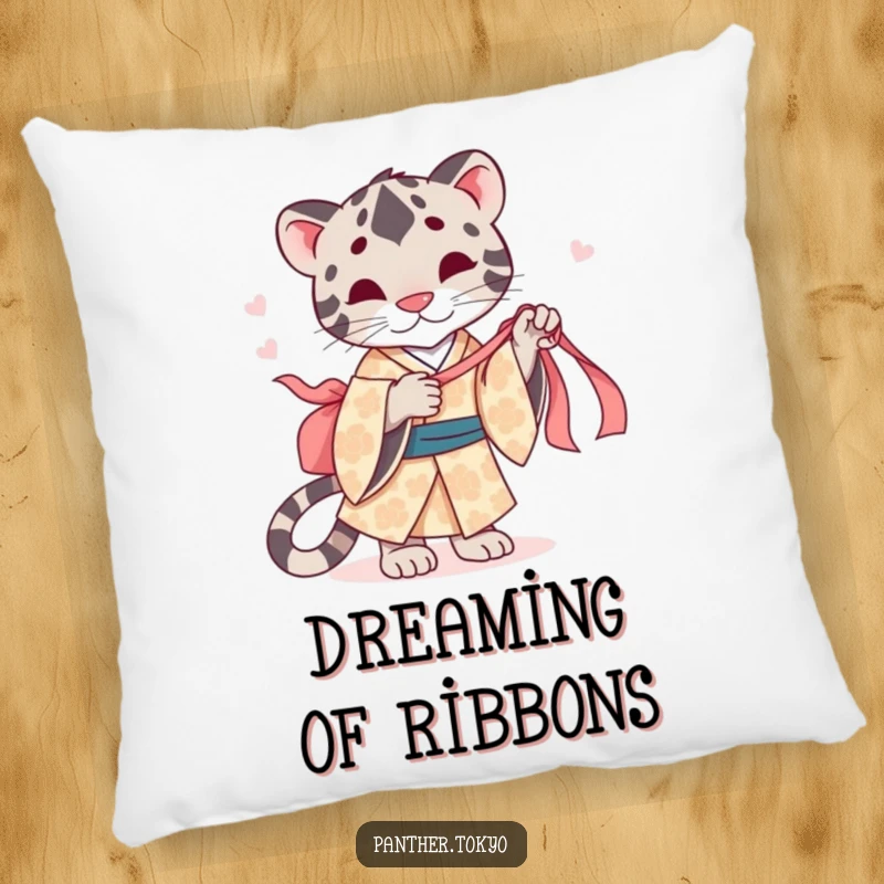 Funny pillow featuring a cute panther in a patterned kimono, playfully tugging a silk ribbon.