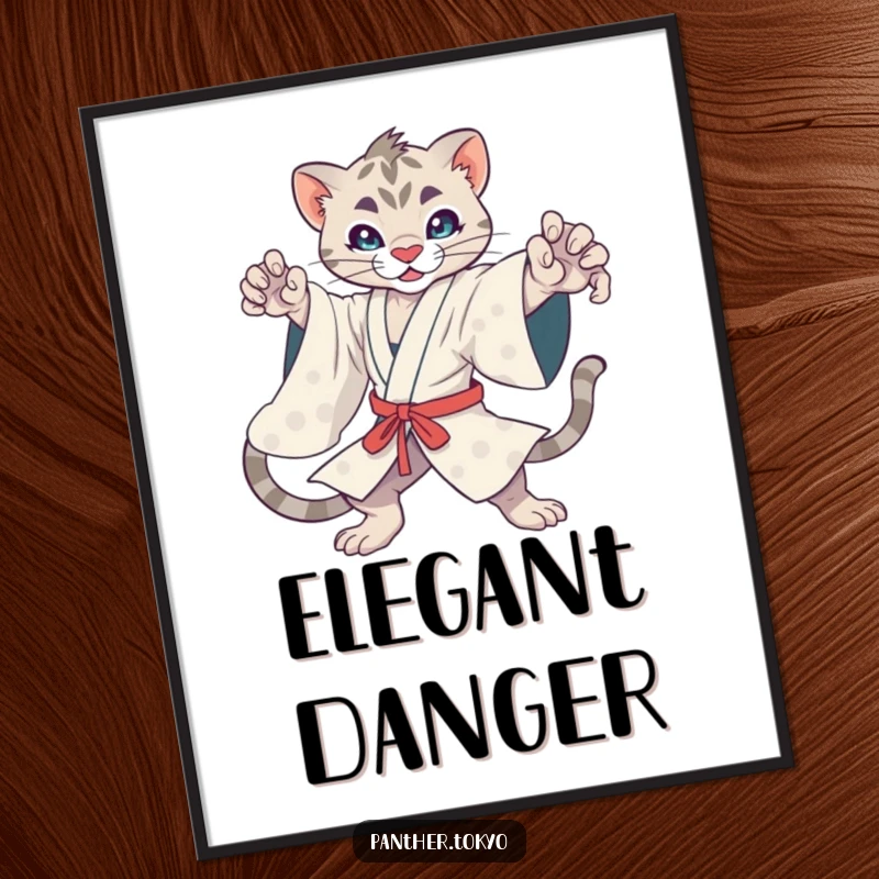 Funny kawaii panther in a flowing kimono in a dynamic action pose, ready to impress as a downloadable digital art print.