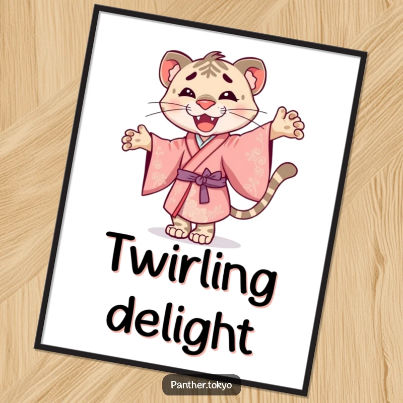 Funny digital art print of a smiley panther in an ornate kimono, joyfully twirling.