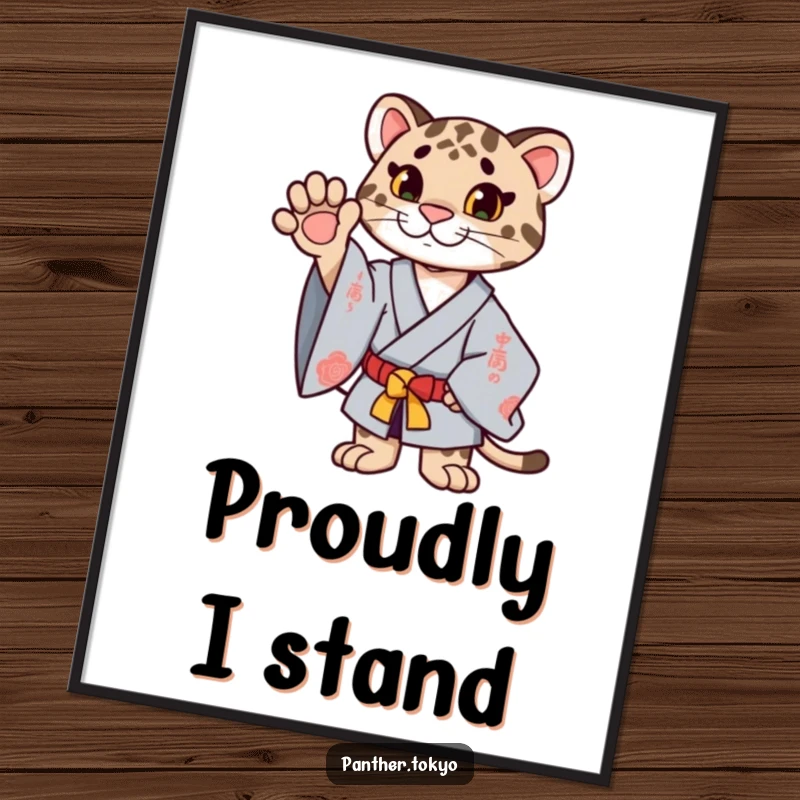 Funny proud panther in a ceremonial kimono extending a paw upwards, a majestic and humorous digital art print.