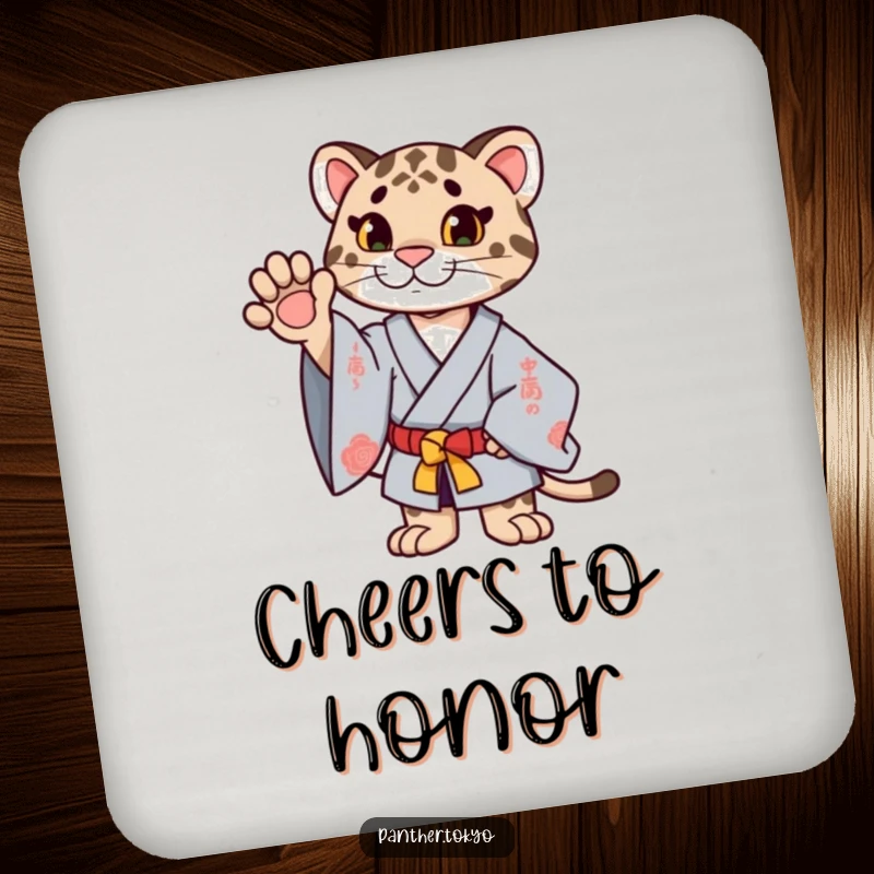 Funny proud panther in a ceremonial kimono with paw extended upwards, elegantly protecting surfaces on a drink coaster.