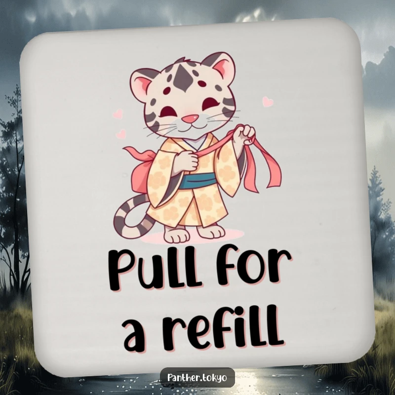 Funny drink coaster featuring a cute panther in a patterned kimono, playfully tugging a silk ribbon.