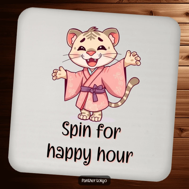 Funny drink coaster featuring a smiley panther in an ornate kimono, joyfully twirling.