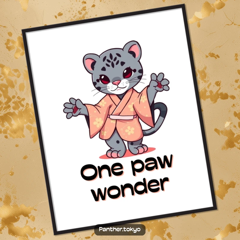 Funny poster of a kawaii panther in a vibrant kimono, perfectly balanced on one paw, exuding grace.