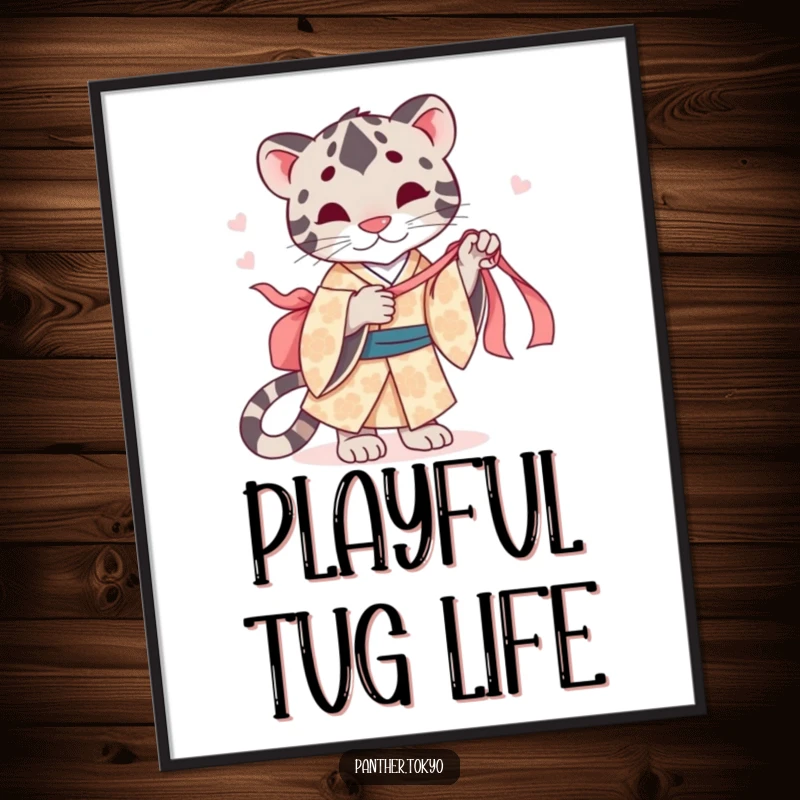 Funny poster of a cute panther in a patterned kimono, playfully tugging a silk ribbon with a mischievous glint.
