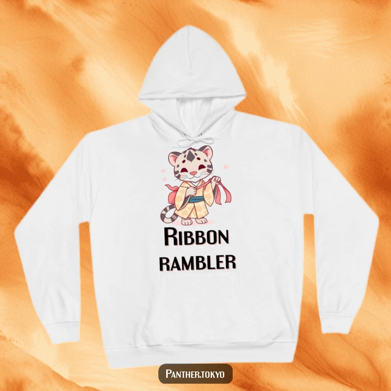Funny hoodie featuring a cute panther in a patterned kimono, playfully tugging a silk ribbon.