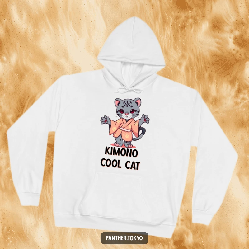 Funny hoodie featuring a kawaii panther in a vibrant kimono, gracefully balancing on one paw.