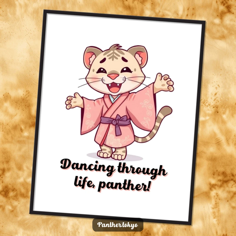 Funny Free Printable Wall Art: A happy panther in an ornate kimono twirls gracefully with pure joy.