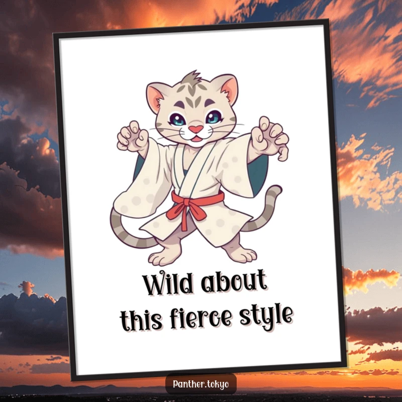 Funny Free Printable Wall Art: Kawaii panther in a flowing kimono striking a dynamic, epic action pose. Energetic downloadable decor.