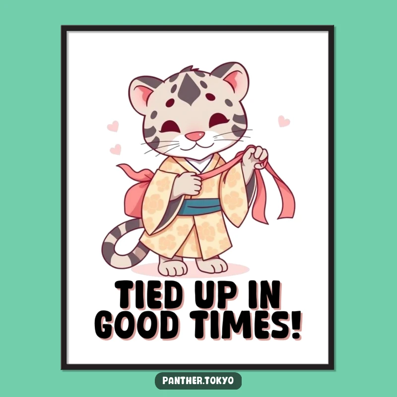 Free Printable Wall Art: Cute Panther Kimono Tugging Ribbon Playful Feline Decor
