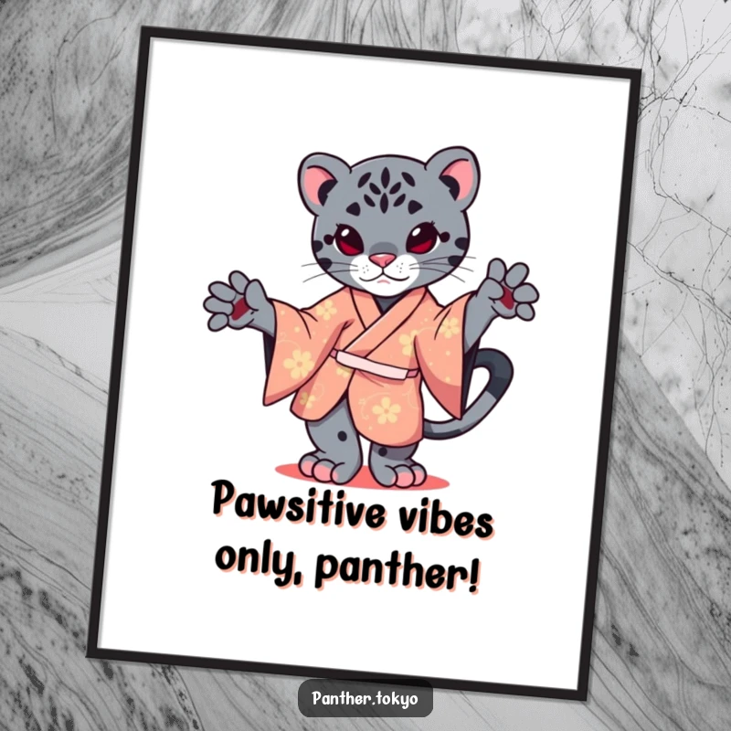 Funny Free Printable Wall Art: A supremely cute panther dressed in a vibrant kimono expertly balances on one paw.