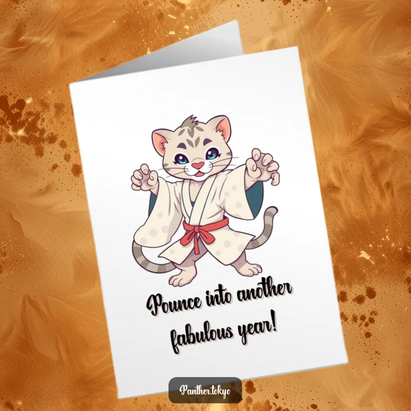 Funny Free Printable Birthday Card: Kawaii panther in a kimono striking a cool action pose, ready to celebrate.