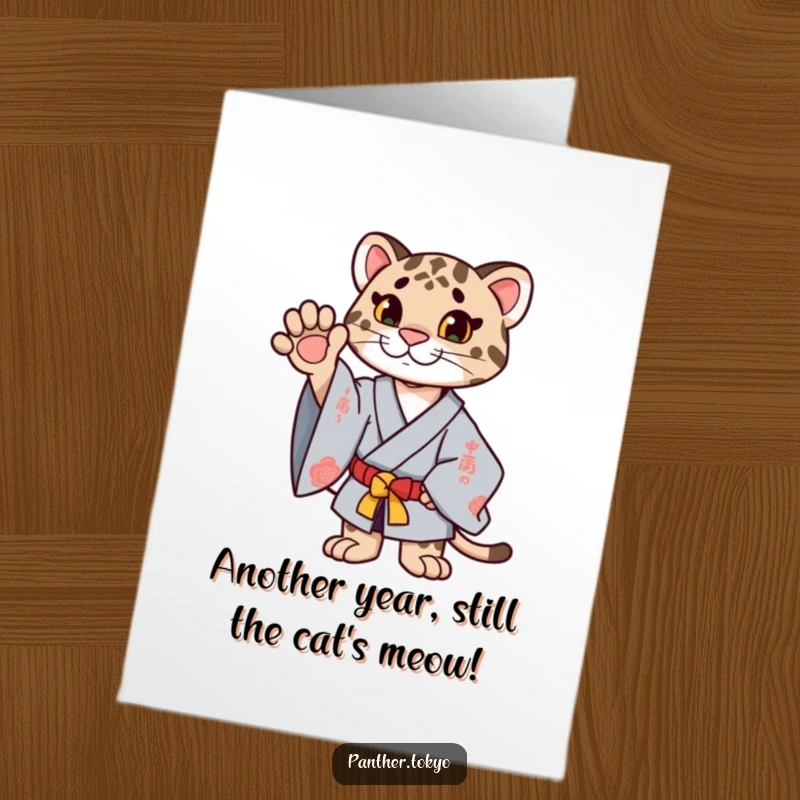 Funny Free Printable Birthday Card: A proud panther in a ceremonial kimono extends a paw upwards in a grand gesture.