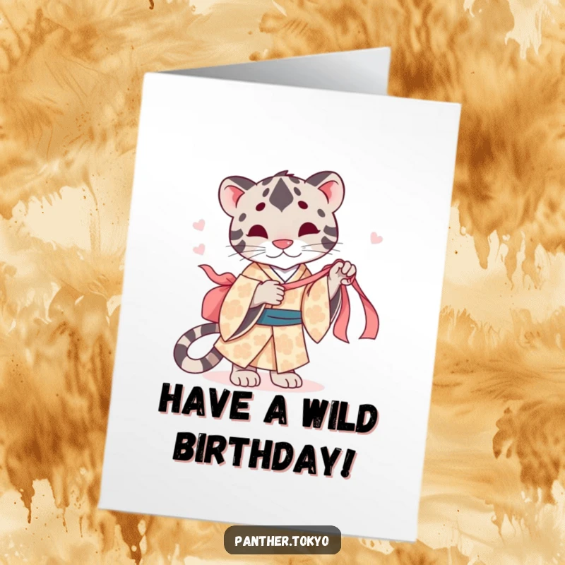 Funny Free Printable Birthday Card: A cute panther in a patterned kimono playfully tugs a red silk ribbon for a birthday.