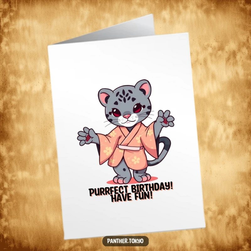 Funny Free Printable Birthday Card: A kawaii panther in a vibrant kimono gracefully balancing on one paw for a birthday.