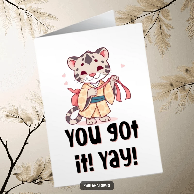 Funny Free Printable Congratulations Card: A cute panther in a patterned kimono tugs playfully at a silk ribbon, celebrating.