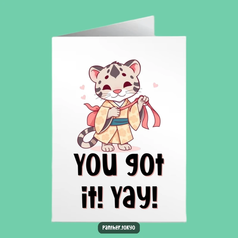 Free Printable Congrats Card: Cute Panther Kimono Tugging Ribbon Funny Celebration Card