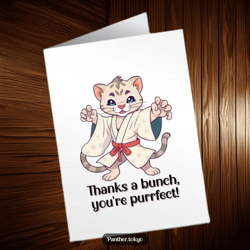 Funny Free Printable Thank You Card: Kawaii panther in a flowing kimono offers a dynamic pose of thanks. A downloadable delight.