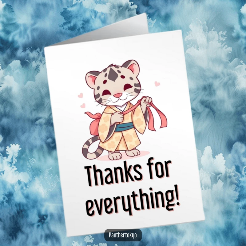 Funny Free Printable Thank You Card: A cute panther in a patterned kimono is playfully tugging on a silk ribbon to say thanks.