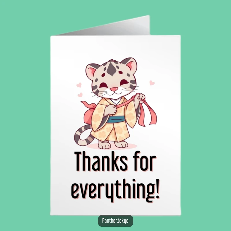 Free Printable Thank You Card: Cute Panther Kimono Tugging Ribbon Funny Gratitude Card
