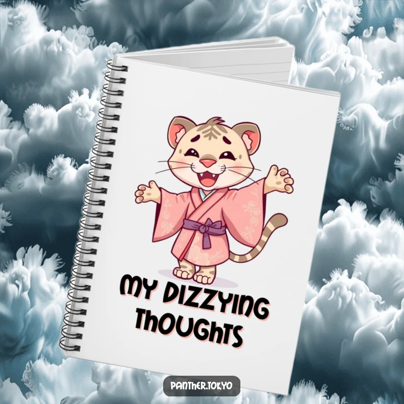 Funny notebook featuring a smiley panther in an ornate kimono, joyfully twirling.