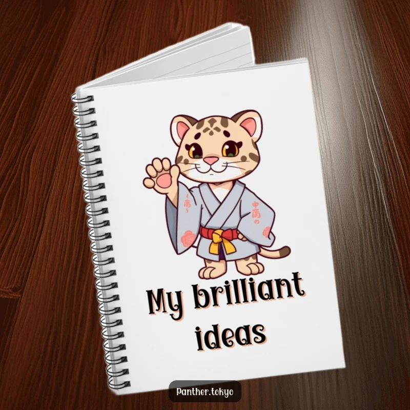 Funny proud panther in a ceremonial kimono with paw raised, designed for note-taking in this elegant notebook.