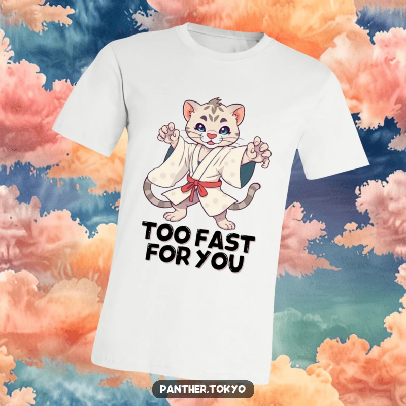 Funny kawaii panther in a kimono striking a dynamic action pose, showcasing martial arts moves on a comfortable t-shirt.