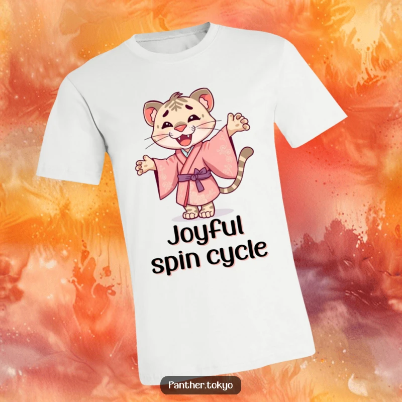 Funny t-shirt with a smiley panther in an ornate kimono, joyfully twirling with a cheerful demeanor.