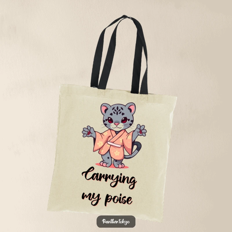 Funny tote bag with a kawaii panther in a kimono, demonstrating graceful one-paw balance.